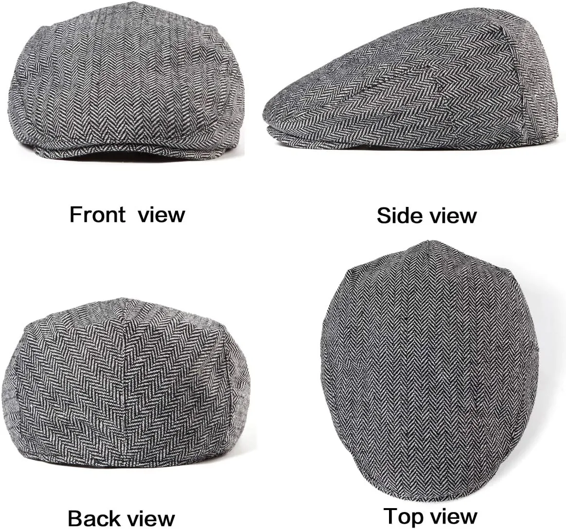 Herringbone Flat Ivy Newsboy Cap for Men Classic Wool Blend Tweed Cabbie Hat