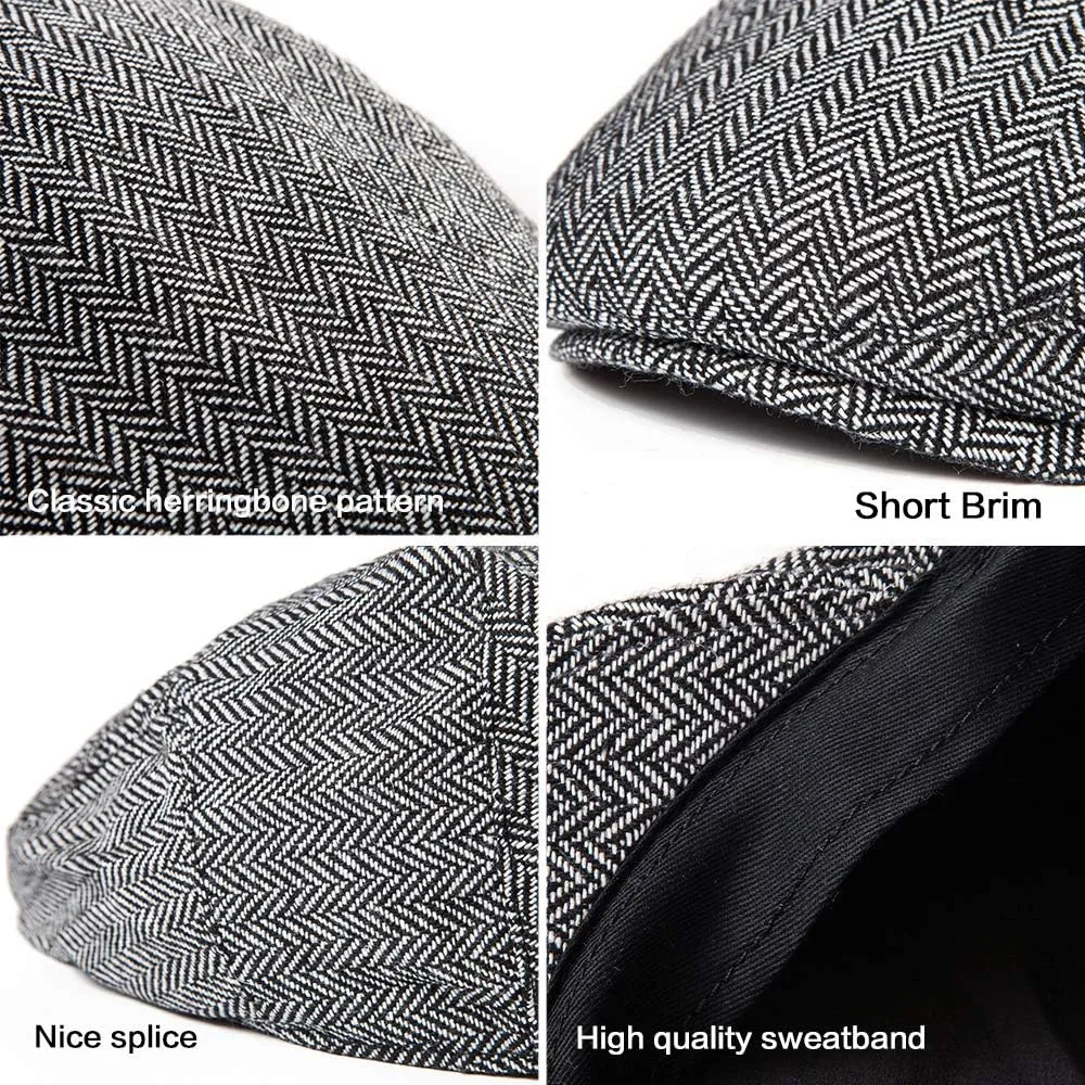 Herringbone Flat Ivy Newsboy Cap for Men Classic Wool Blend Tweed Cabbie Hat