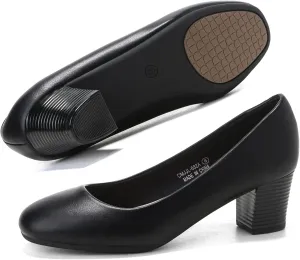 HHTCAL Women's Pumps Round Closed Toe Chunky Heels Comfortable 2 inch Block Low Heel Dress Shoes for Office Work Business Formal