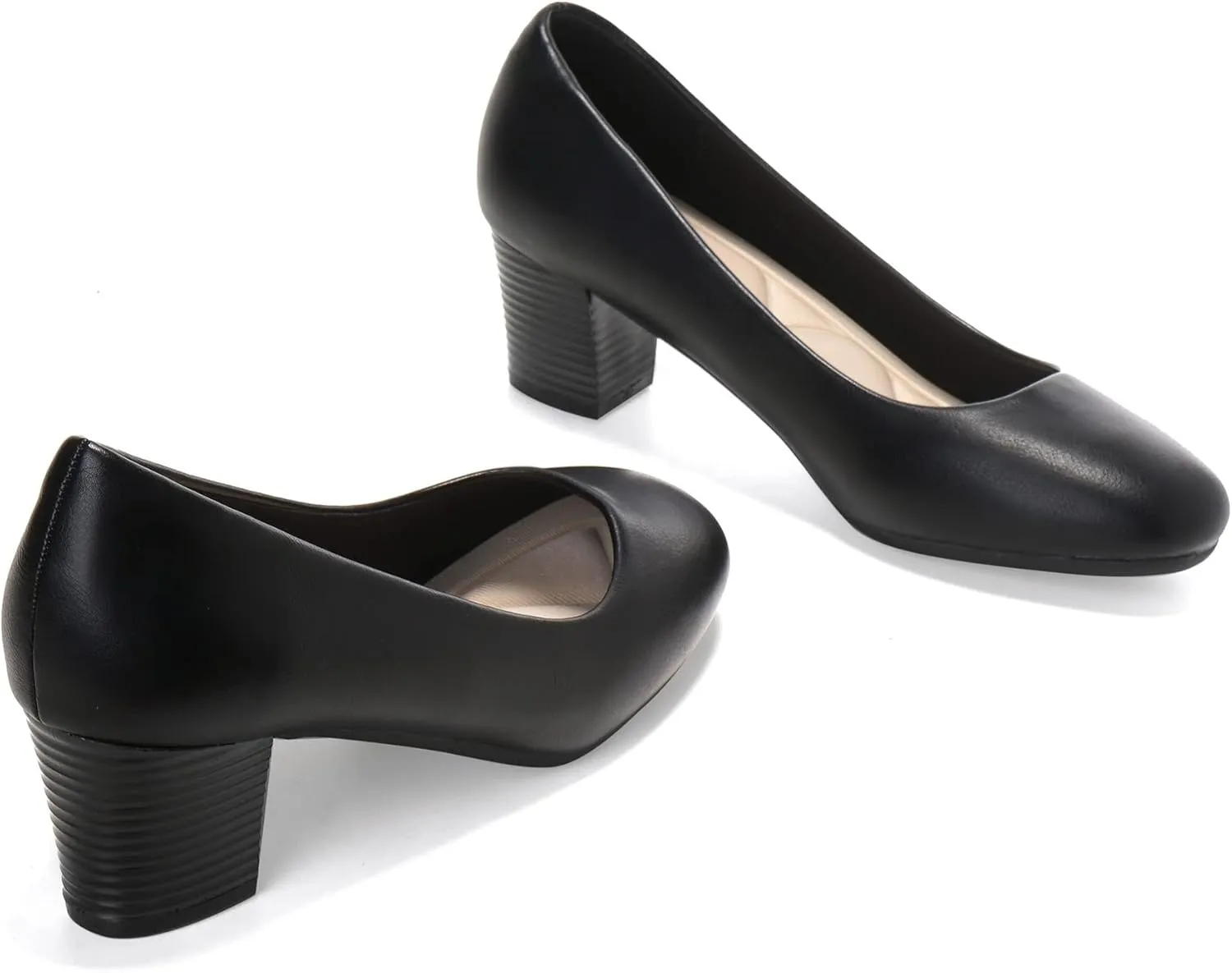 HHTCAL Women's Pumps Round Closed Toe Chunky Heels Comfortable 2 inch Block Low Heel Dress Shoes for Office Work Business Formal