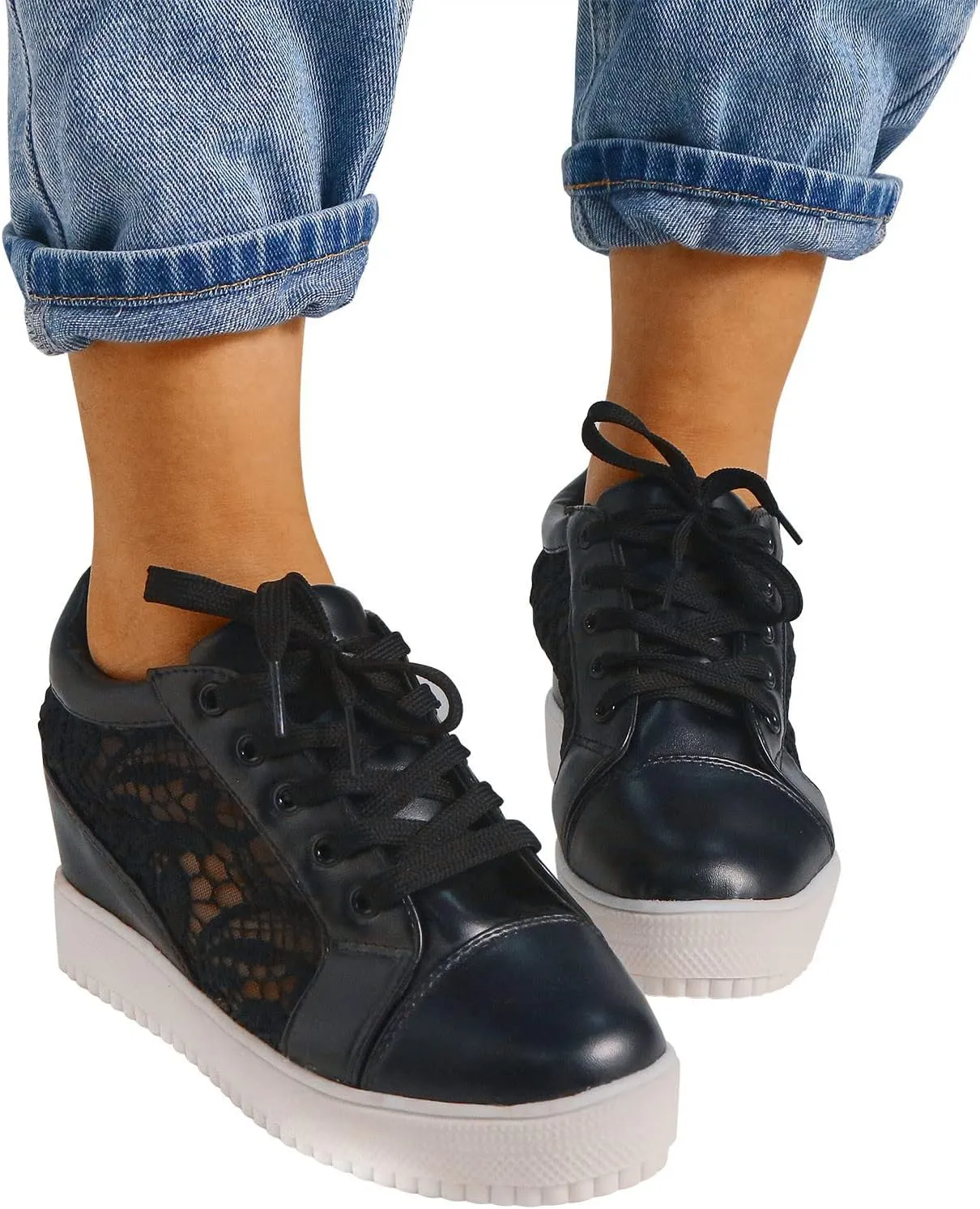 High Heeld Wedge Sneakers for Women Platform Hidden Heels White Sneakers Lace Crochet Lace Up Shoes Chunky Bottom High Top Canvas Shoes Mesh Casual Loafers Breathable, 6.5, Black-b