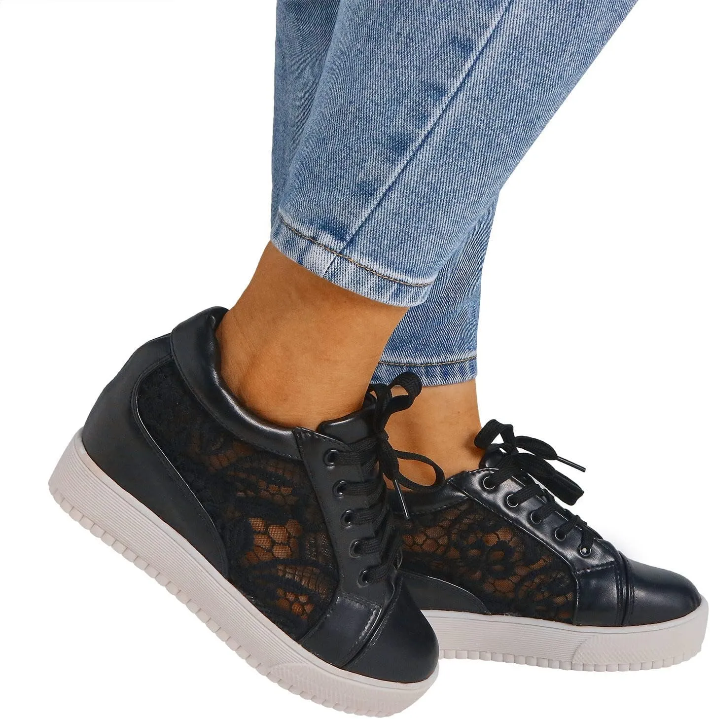High Heeld Wedge Sneakers for Women Platform Hidden Heels White Sneakers Lace Crochet Lace Up Shoes Chunky Bottom High Top Canvas Shoes Mesh Casual Loafers Breathable, 6.5, Black-b