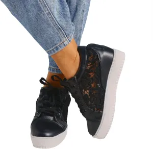 High Heeld Wedge Sneakers for Women Platform Hidden Heels White Sneakers Lace Crochet Lace Up Shoes Chunky Bottom High Top Canvas Shoes Mesh Casual Loafers Breathable, 6.5, Black-b