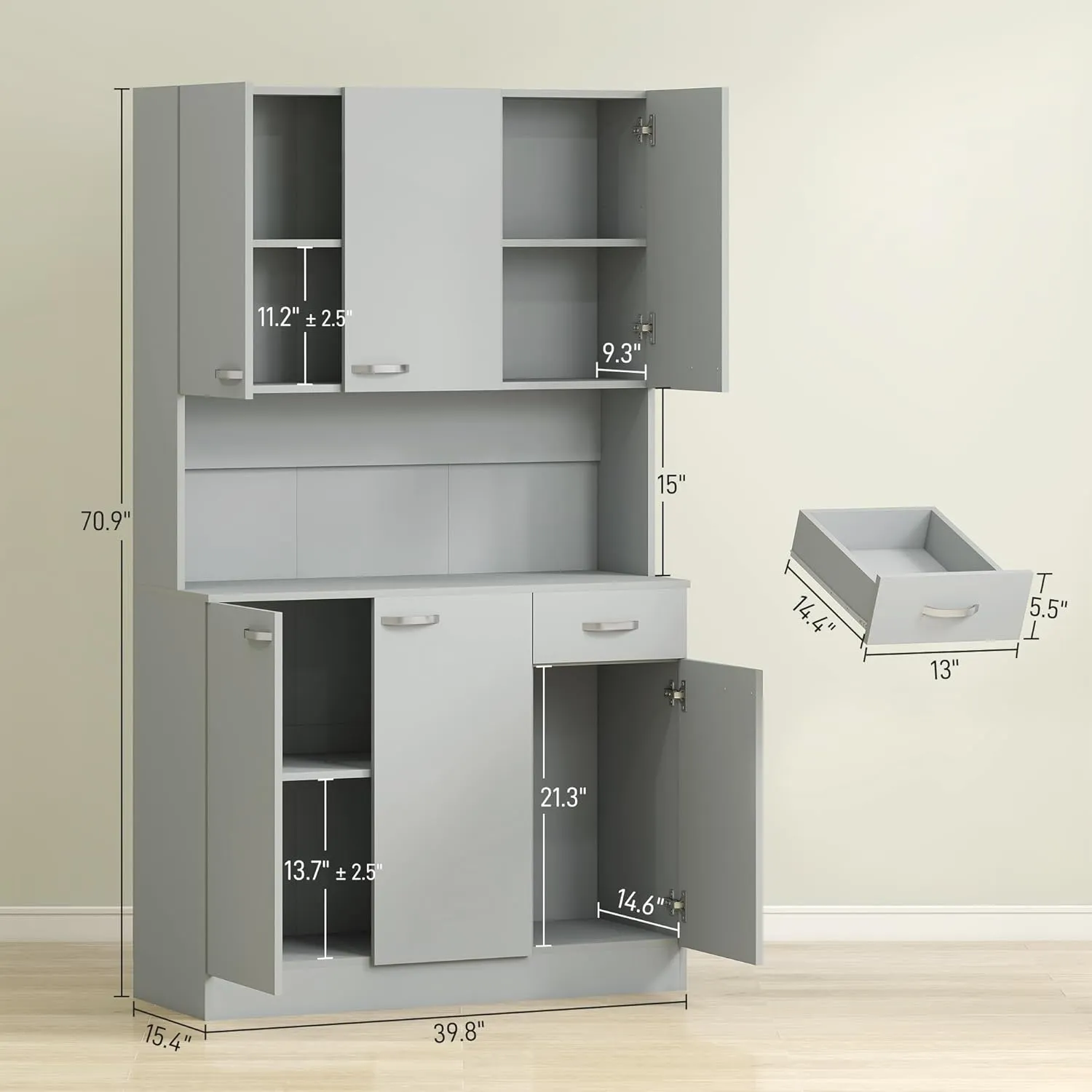 HOMCOM 71" Kitchen Pantry Cabinet, Tall Storage Cabinet with Microwave Stand, Modern Kitchen Hutch with Countertop, 6 Doors, Storage Drawer, 3 Adjustable Shelves for Living Room, Dining Room, Gray