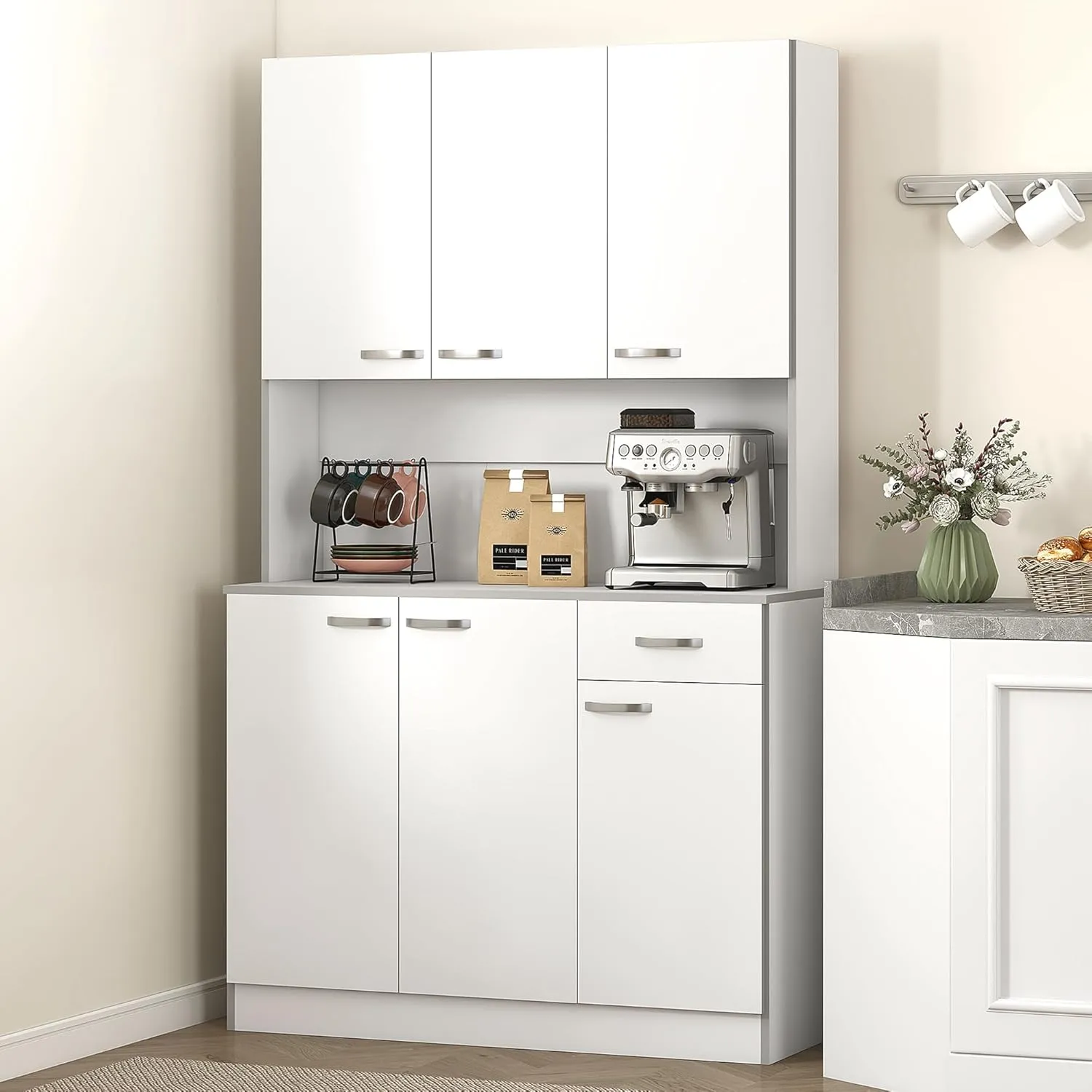 HOMCOM 71" Kitchen Pantry Cabinet, Tall Storage Cabinet with Microwave Stand, Modern Kitchen Hutch with Countertop, 6 Doors, Storage Drawer, 3 Adjustable Shelves for Living Room, Dining Room, White