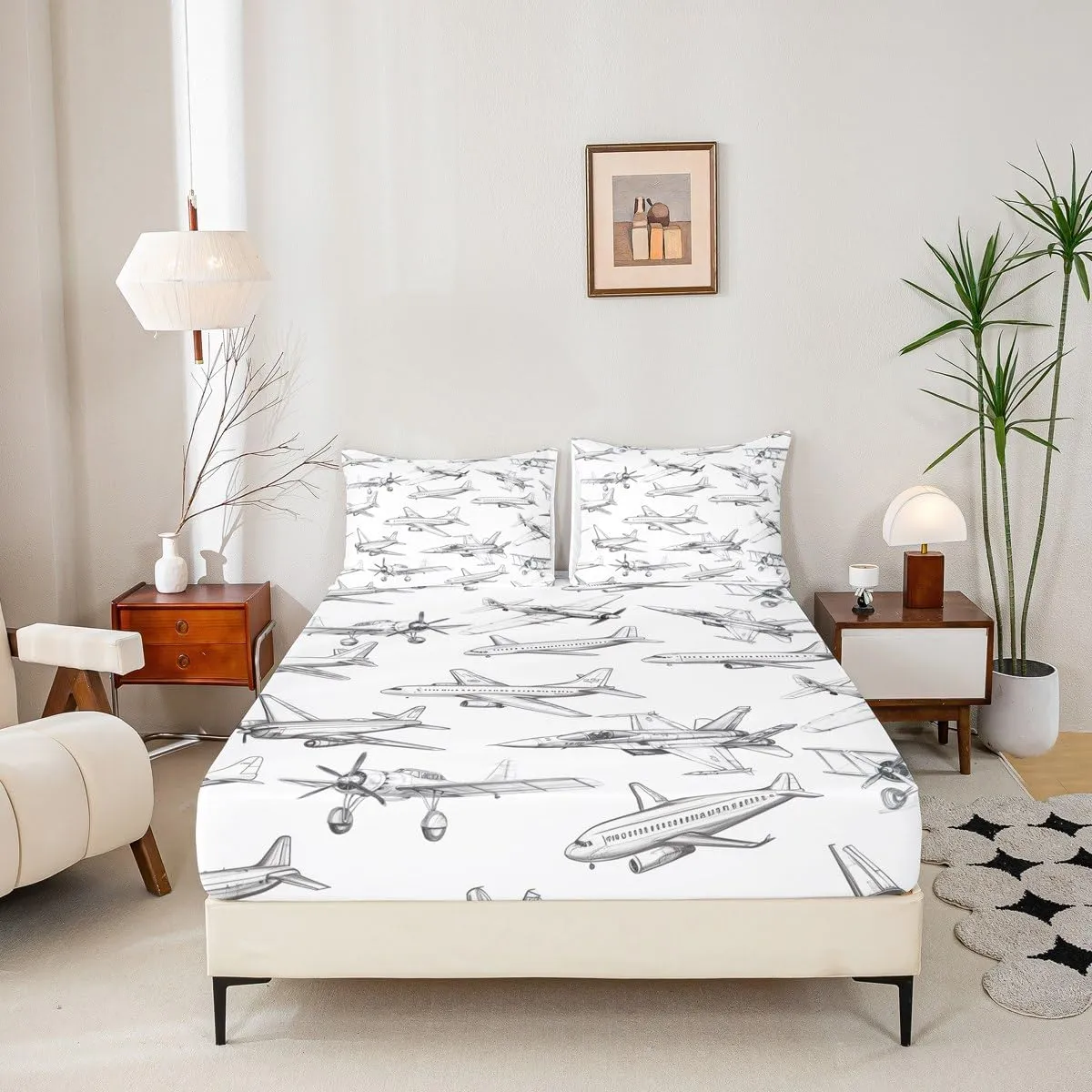 Homewish Airplane Sheet Sets Full Size Aircraft Bedding Set 4Pcs for Kids Girls Boys Teens Bedroom Decor Black White Sketch Print Bed Sheet Flying Theme Fitted   Flat Sheet,2 Pillowcases