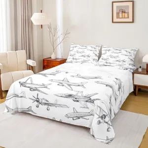 Homewish Airplane Sheet Sets Full Size Aircraft Bedding Set 4Pcs for Kids Girls Boys Teens Bedroom Decor Black White Sketch Print Bed Sheet Flying Theme Fitted   Flat Sheet,2 Pillowcases