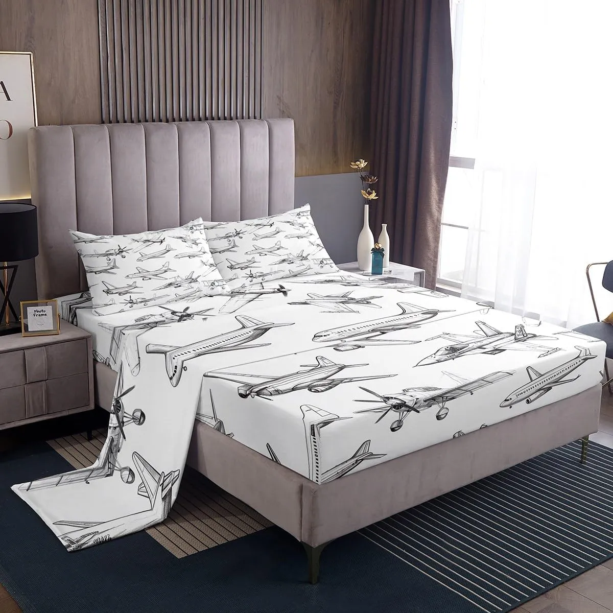 Homewish Airplane Sheet Sets Full Size Aircraft Bedding Set 4Pcs for Kids Girls Boys Teens Bedroom Decor Black White Sketch Print Bed Sheet Flying Theme Fitted   Flat Sheet,2 Pillowcases