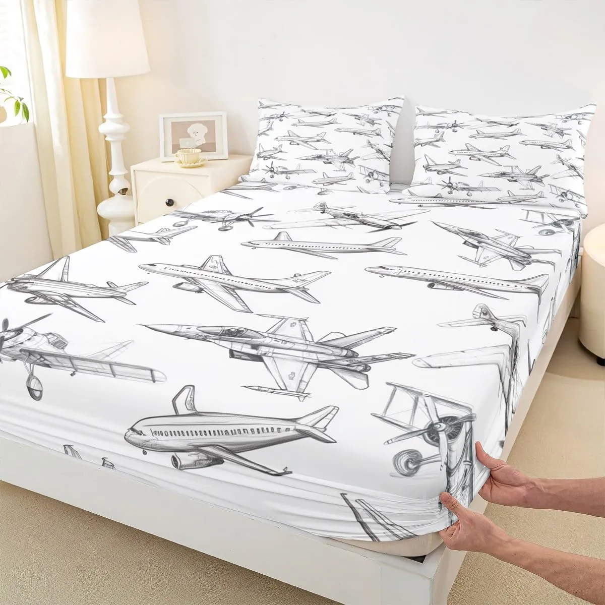 Homewish Airplane Sheet Sets Full Size Aircraft Bedding Set 4Pcs for Kids Girls Boys Teens Bedroom Decor Black White Sketch Print Bed Sheet Flying Theme Fitted   Flat Sheet,2 Pillowcases