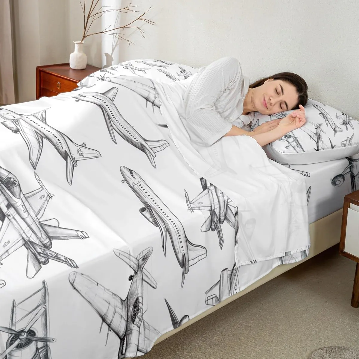Homewish Airplane Sheet Sets Full Size Aircraft Bedding Set 4Pcs for Kids Girls Boys Teens Bedroom Decor Black White Sketch Print Bed Sheet Flying Theme Fitted   Flat Sheet,2 Pillowcases