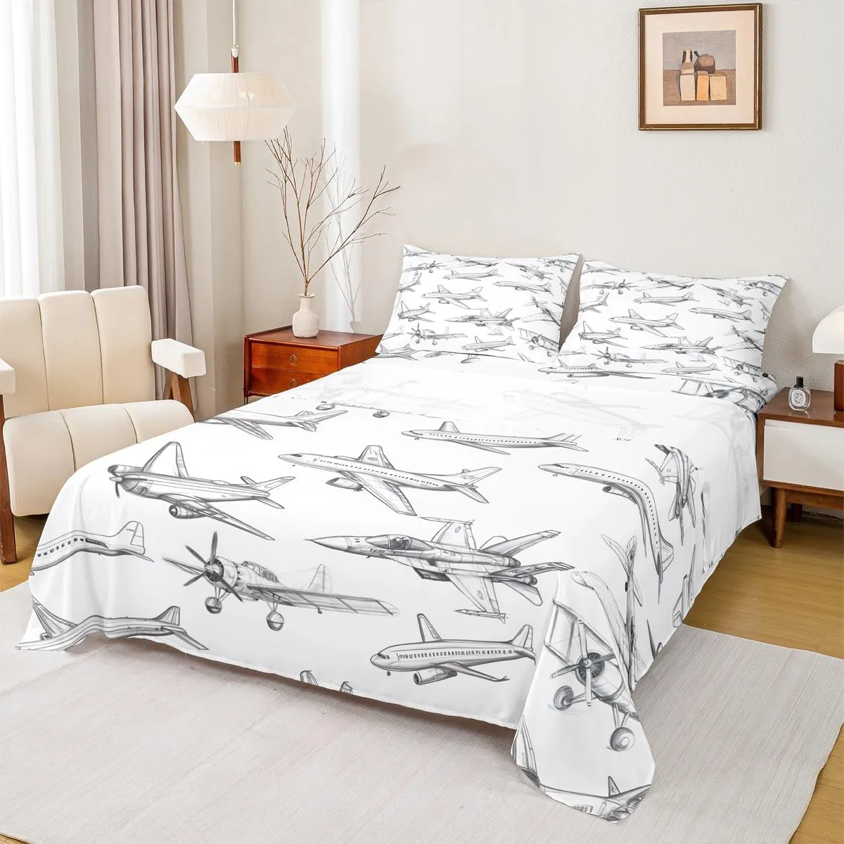 Homewish Airplane Sheet Sets Full Size Aircraft Bedding Set 4Pcs for Kids Girls Boys Teens Bedroom Decor Black White Sketch Print Bed Sheet Flying Theme Fitted   Flat Sheet,2 Pillowcases