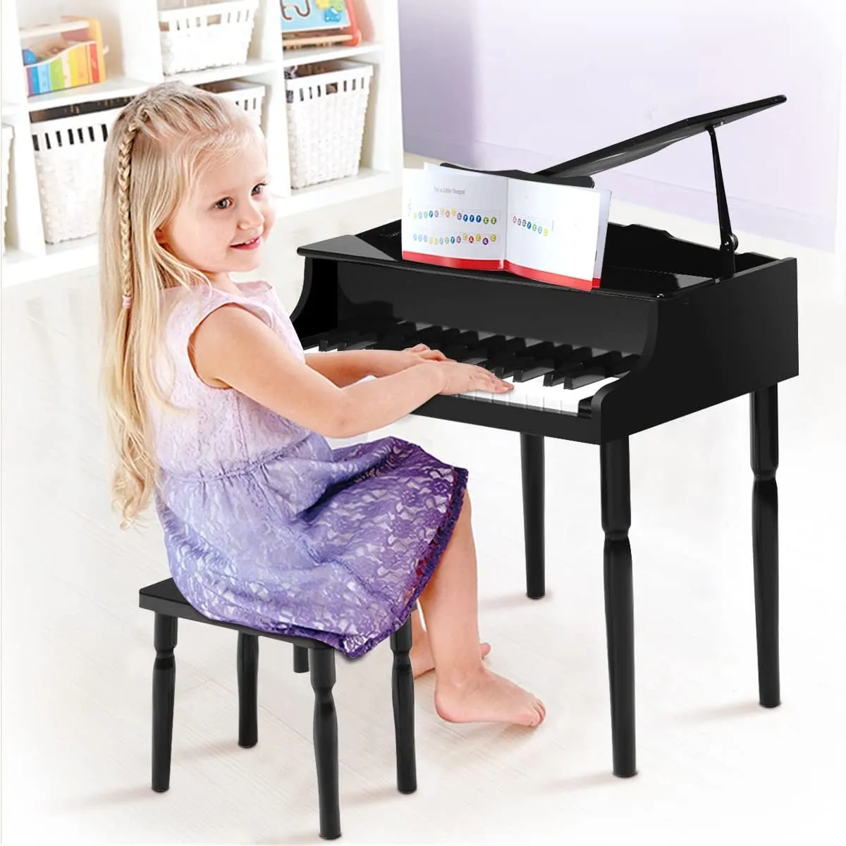 HONEY JOY Classical Kids Piano, 30-Key Mini Grand Piano with Music Stand and Bench, Wooden Musical Instrument Toy w/Lid & Music Rack, Gift for Boys Girls Ages 3  (4 Straight Leg-Black)