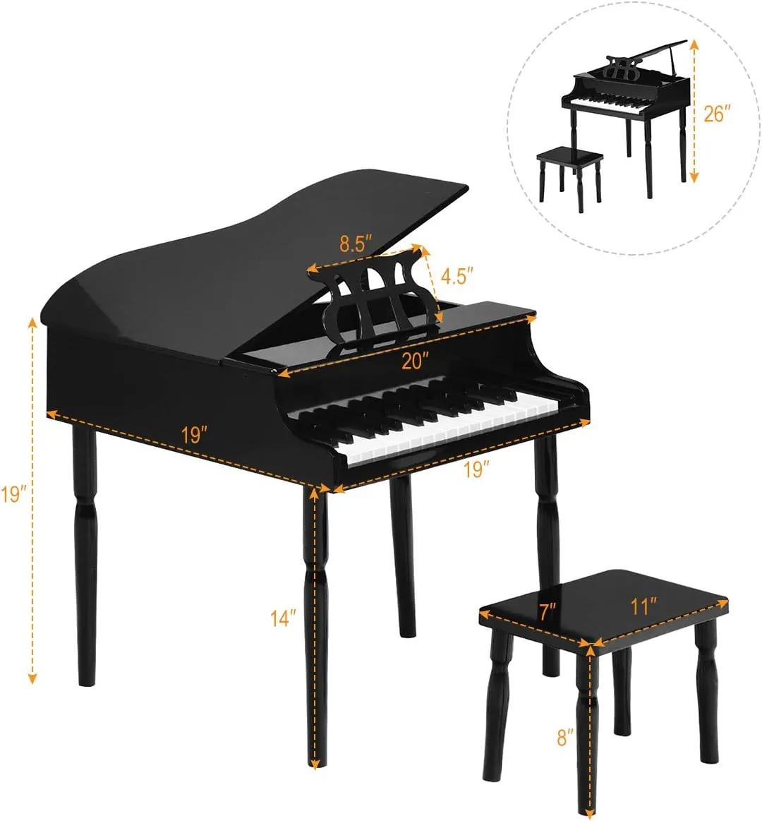 HONEY JOY Classical Kids Piano, 30-Key Mini Grand Piano with Music Stand and Bench, Wooden Musical Instrument Toy w/Lid & Music Rack, Gift for Boys Girls Ages 3  (4 Straight Leg-Black)