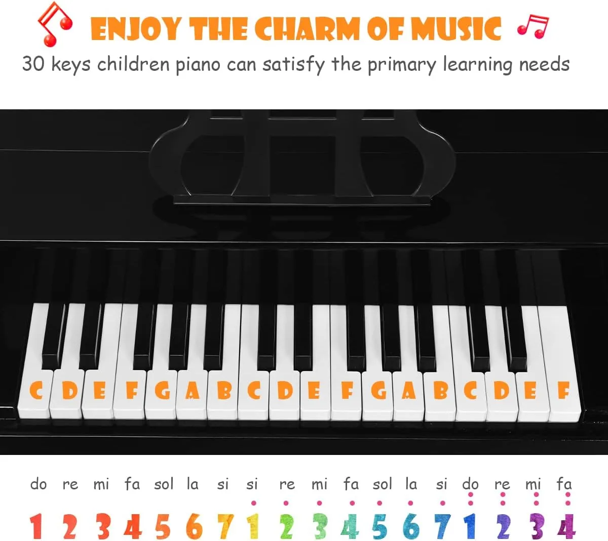 HONEY JOY Classical Kids Piano, 30-Key Mini Grand Piano with Music Stand and Bench, Wooden Musical Instrument Toy w/Lid & Music Rack, Gift for Boys Girls Ages 3  (4 Straight Leg-Black)