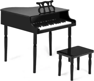 HONEY JOY Classical Kids Piano, 30-Key Mini Grand Piano with Music Stand and Bench, Wooden Musical Instrument Toy w/Lid & Music Rack, Gift for Boys Girls Ages 3  (4 Straight Leg-Black)