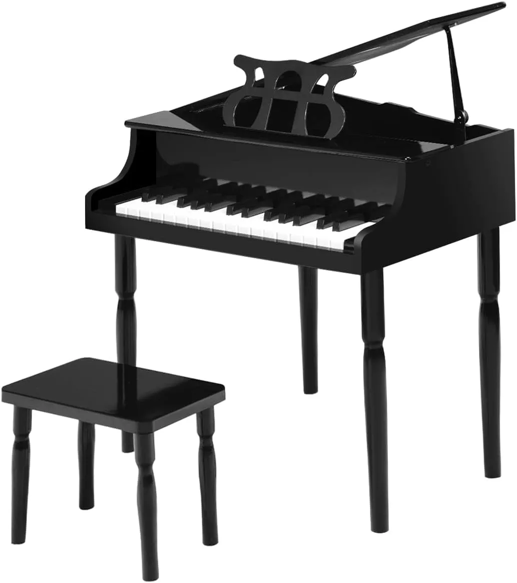 HONEY JOY Classical Kids Piano, 30-Key Mini Grand Piano with Music Stand and Bench, Wooden Musical Instrument Toy w/Lid & Music Rack, Gift for Boys Girls Ages 3  (4 Straight Leg-Black)