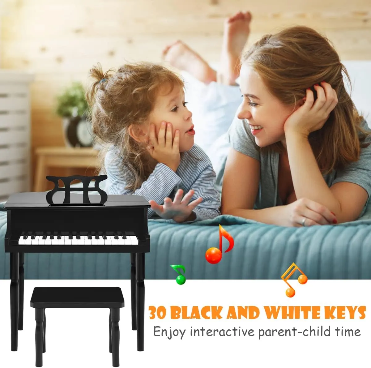 HONEY JOY Classical Kids Piano, 30-Key Mini Grand Piano with Music Stand and Bench, Wooden Musical Instrument Toy w/Lid & Music Rack, Gift for Boys Girls Ages 3  (4 Straight Leg-Black)