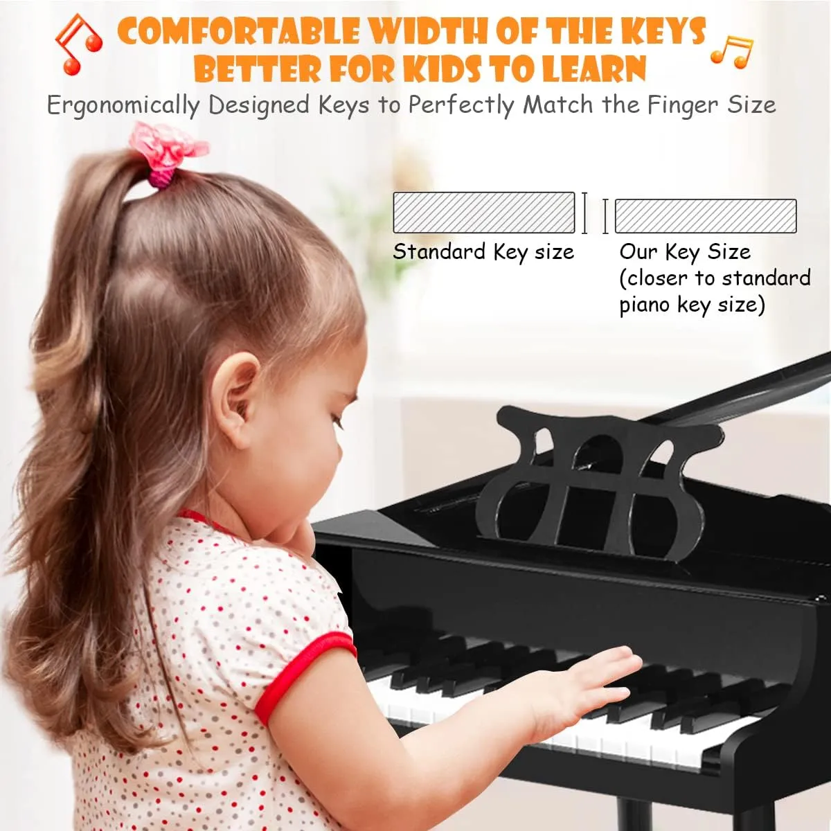 HONEY JOY Classical Kids Piano, 30-Key Mini Grand Piano with Music Stand and Bench, Wooden Musical Instrument Toy w/Lid & Music Rack, Gift for Boys Girls Ages 3  (4 Straight Leg-Black)