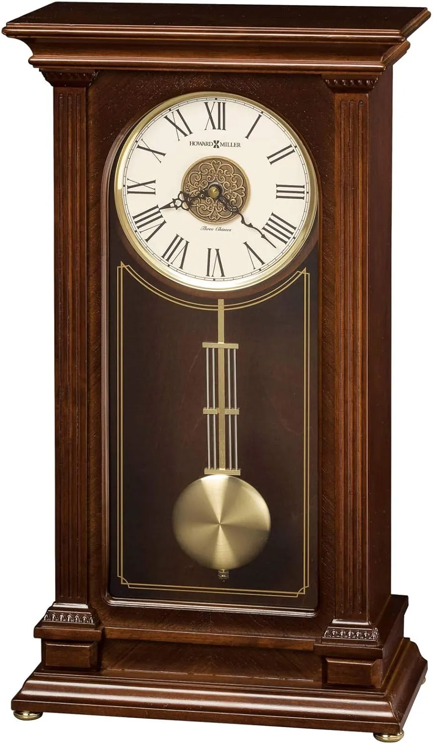 Howard Miller Hillsdale II Mantle Clock, Roman Numerals Analog Display Teak Wood Veneer Pendulum Clocks with Wood Finishing for Home Decor, Office & Living Room, Triple-Chime Quartz Movement
