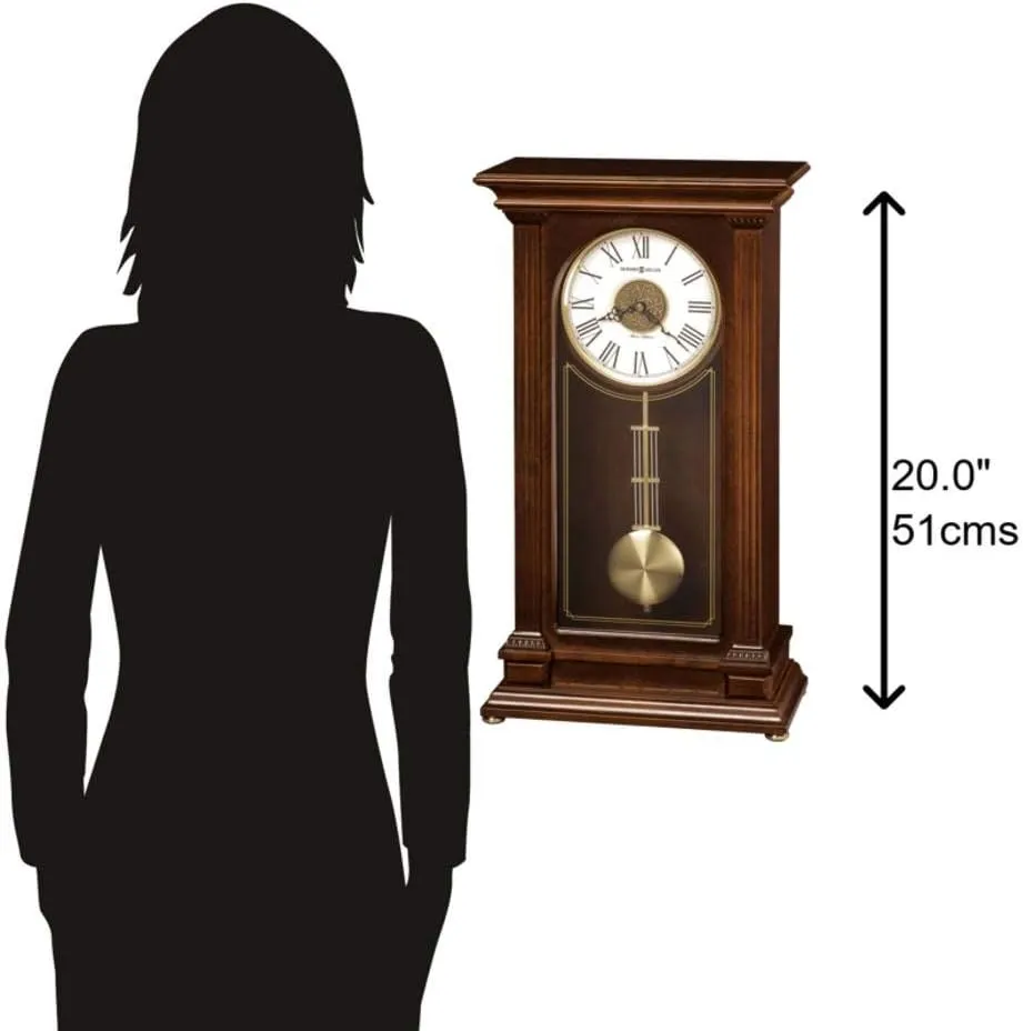 Howard Miller Hillsdale II Mantle Clock, Roman Numerals Analog Display Teak Wood Veneer Pendulum Clocks with Wood Finishing for Home Decor, Office & Living Room, Triple-Chime Quartz Movement