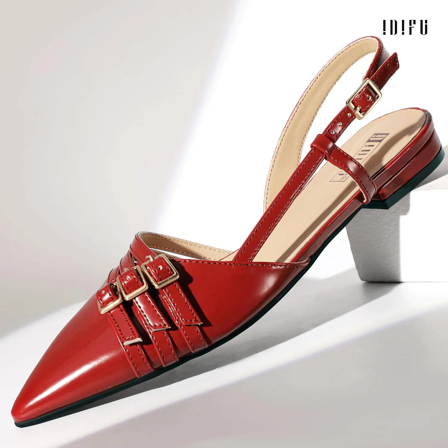 IDIFU Slingback Flats for Women Pointed Toe Ballet Flats Shoes Women Dressy Comfortable Casual Flat Dress Shoes for Women Office Work Wedding Bridal Cute Fashion Slip on Buckle Flats
