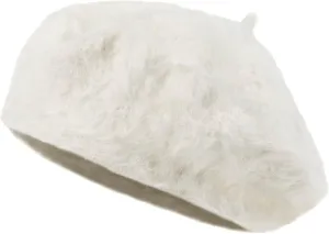ililily Solid Color Angora French Beret Furry Artist Flat Winter Hat