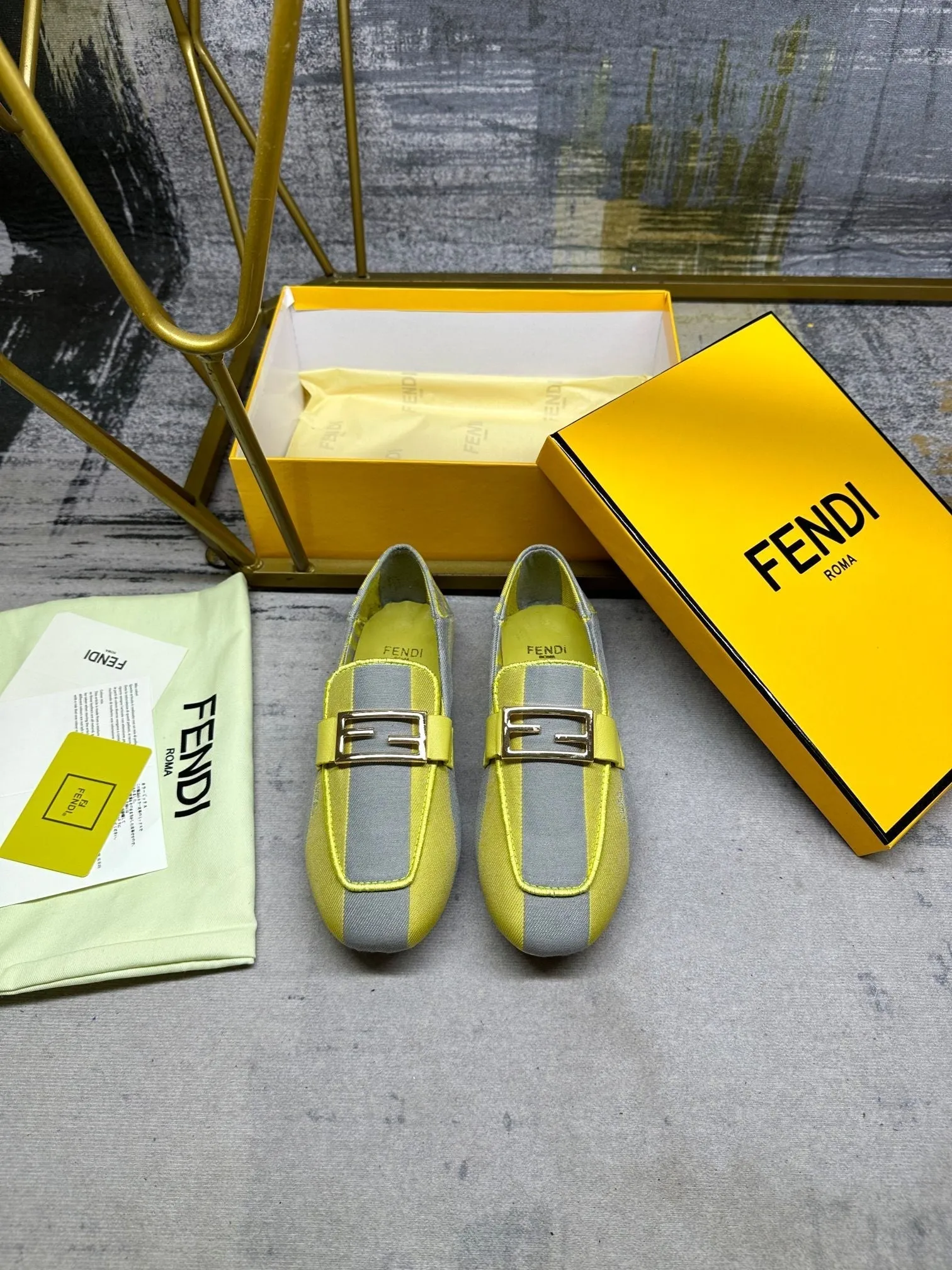 IN Competitive GREY LOAFERS CANVAS BAGUETTE FENDI Versatile collection FENDI GOLD LEMON HARDWARE MIX YELLOW