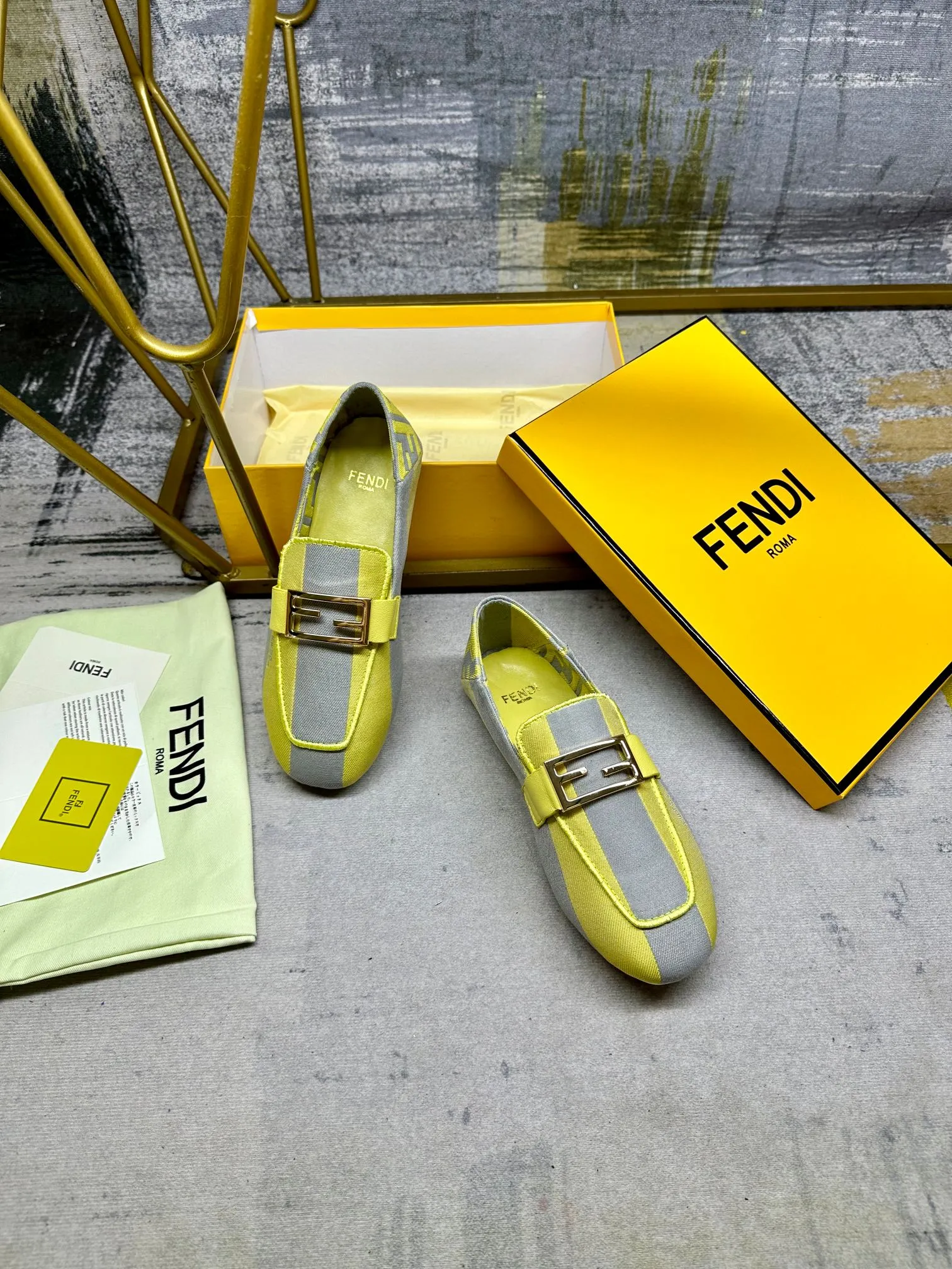 IN Competitive GREY LOAFERS CANVAS BAGUETTE FENDI Versatile collection FENDI GOLD LEMON HARDWARE MIX YELLOW