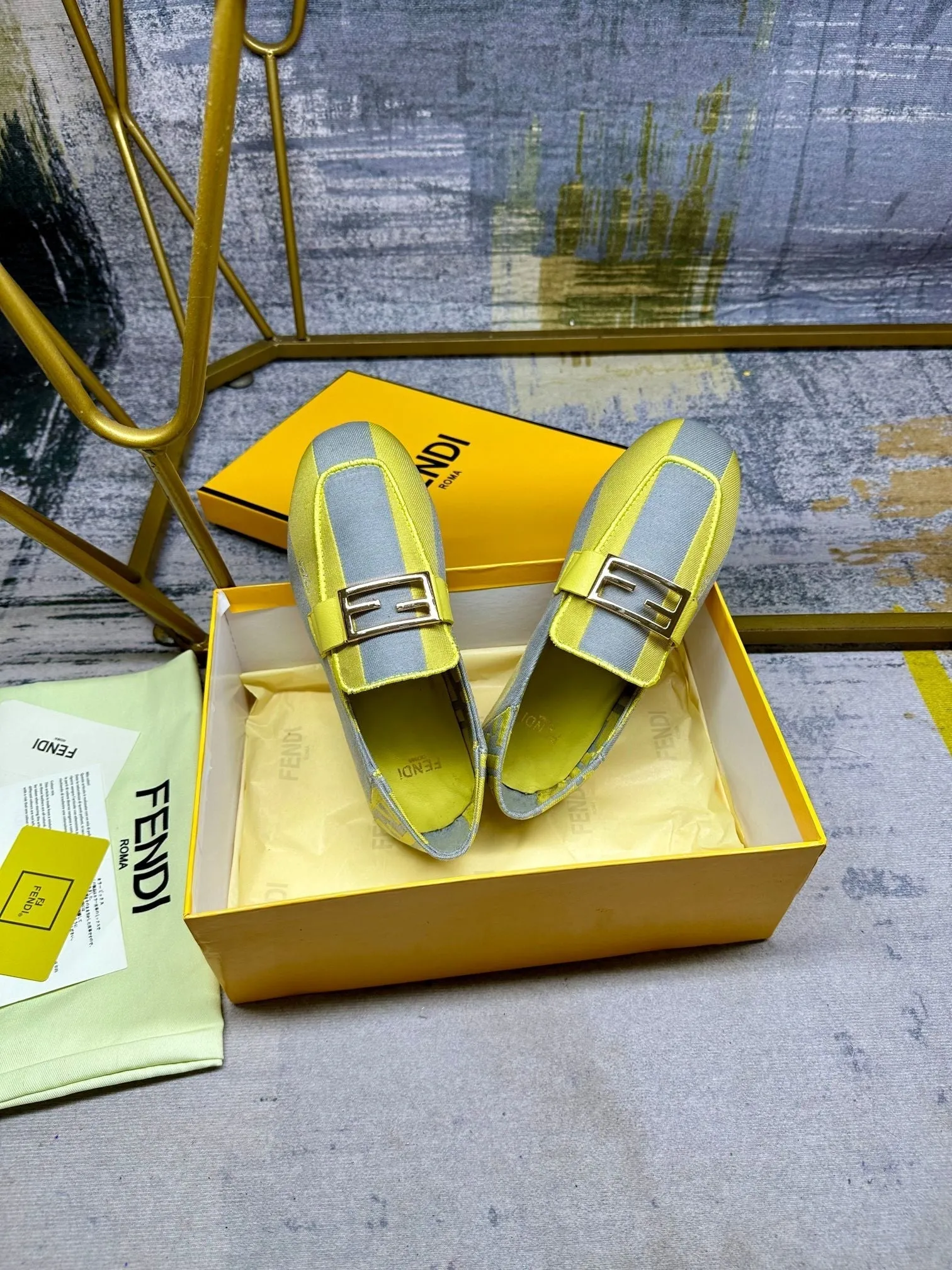 IN Competitive GREY LOAFERS CANVAS BAGUETTE FENDI Versatile collection FENDI GOLD LEMON HARDWARE MIX YELLOW