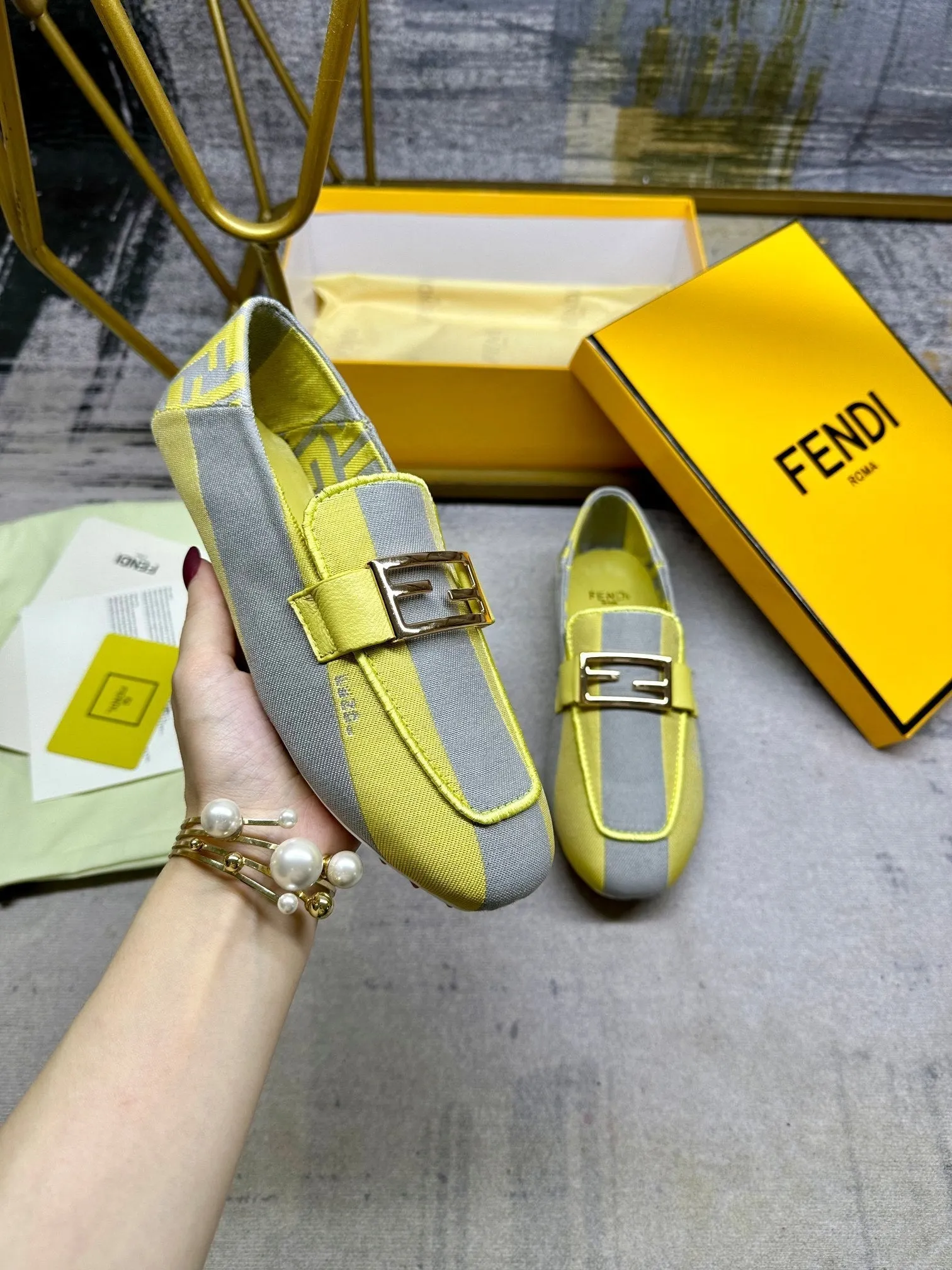 IN Competitive GREY LOAFERS CANVAS BAGUETTE FENDI Versatile collection FENDI GOLD LEMON HARDWARE MIX YELLOW