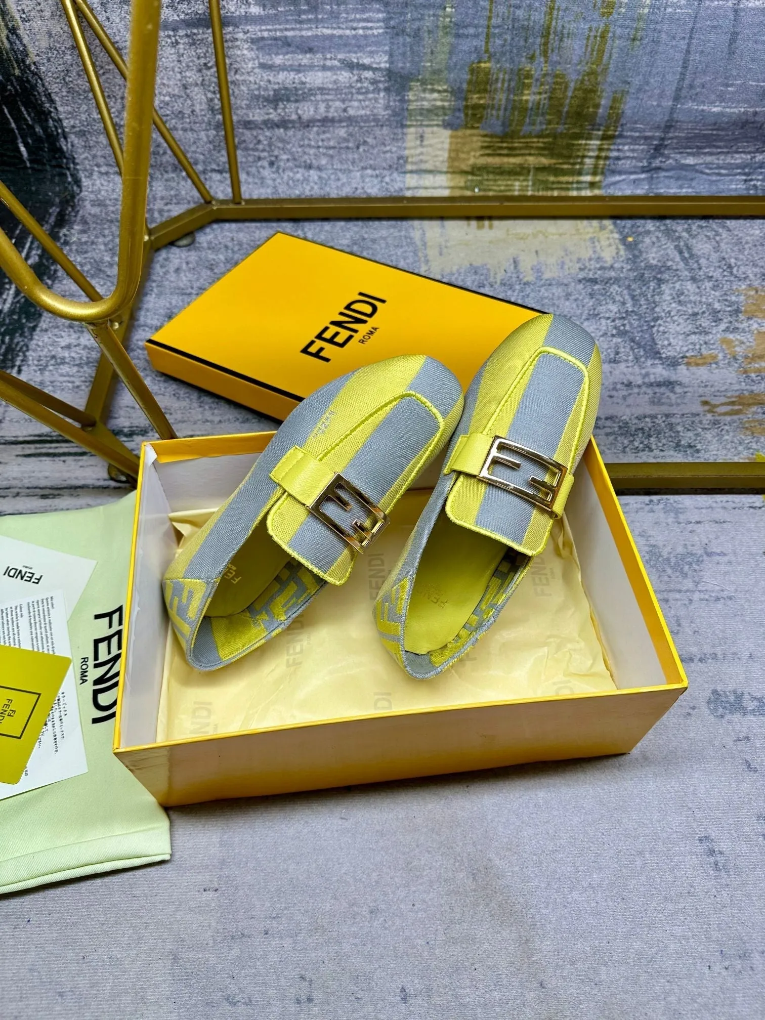 IN Competitive GREY LOAFERS CANVAS BAGUETTE FENDI Versatile collection FENDI GOLD LEMON HARDWARE MIX YELLOW