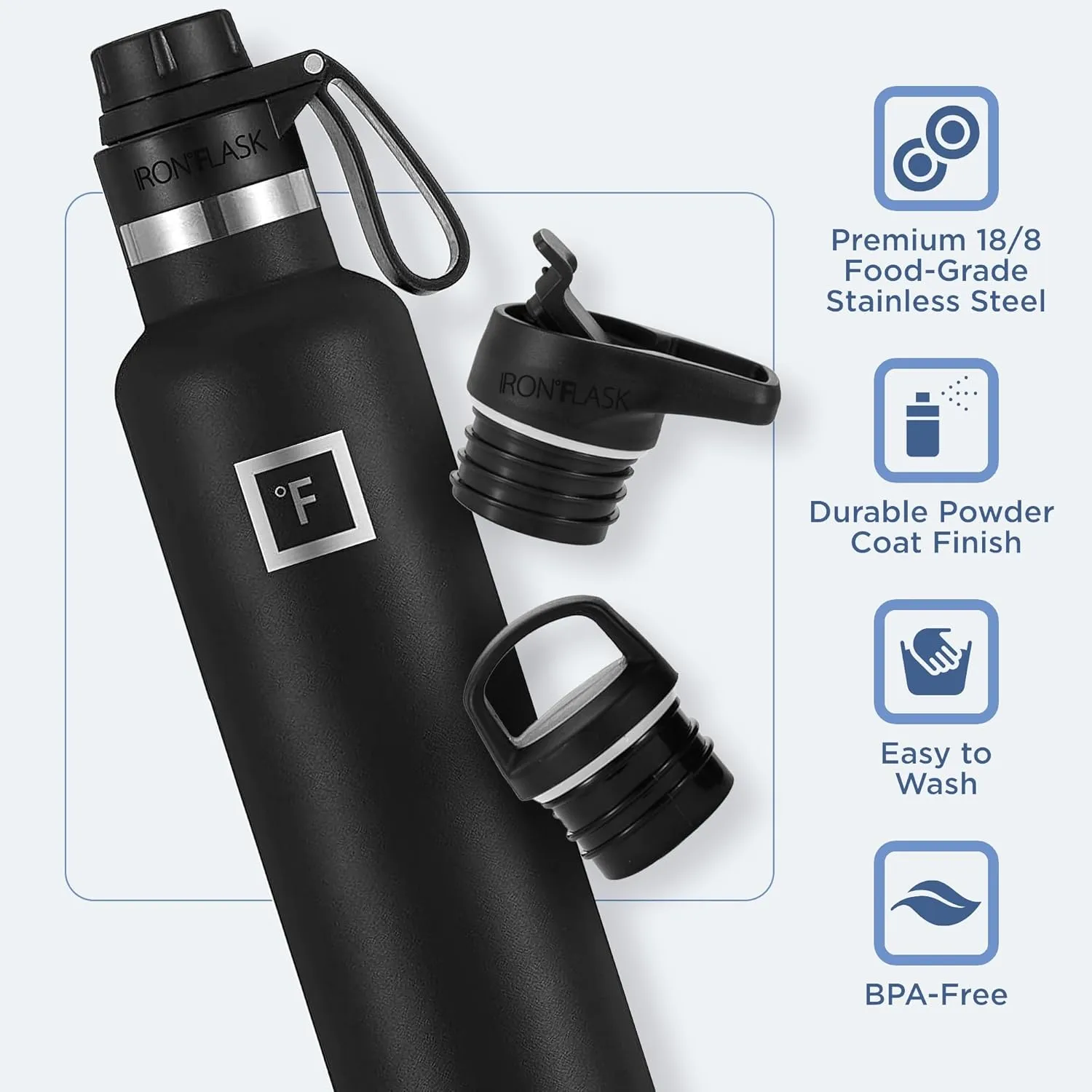 IRON °FLASK Camping & Hiking Hydration Canteens - 3 Lids (Narrow Spout Lid) Leak Proof Vacuum Insulated Stainless Steel - Hot & Cold Double Walled Sports Water Bottle - Sky, 24 Oz