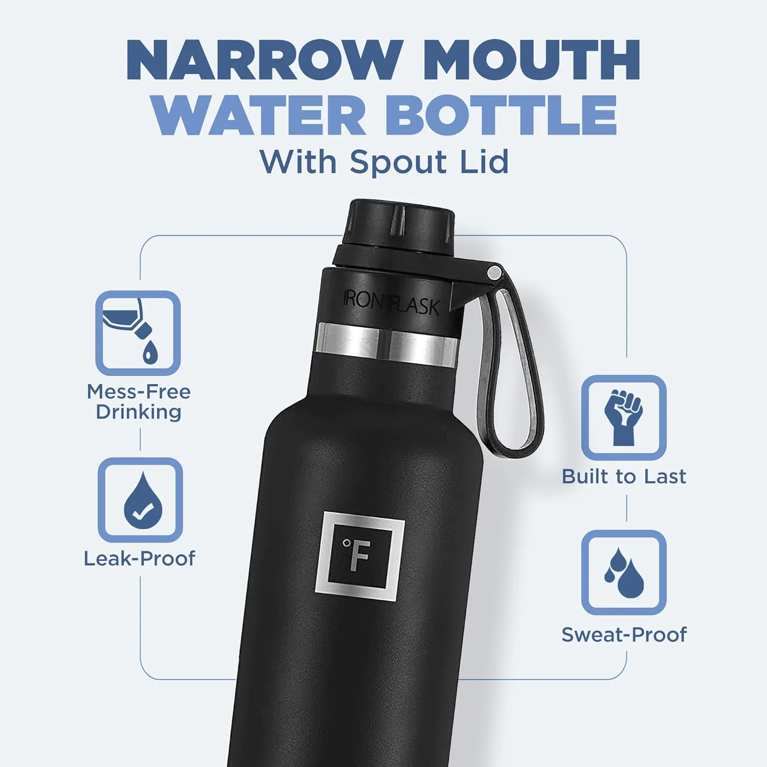 IRON °FLASK Camping & Hiking Hydration Canteens - 3 Lids (Narrow Spout Lid) Leak Proof Vacuum Insulated Stainless Steel - Hot & Cold Double Walled Sports Water Bottle - Sky, 24 Oz