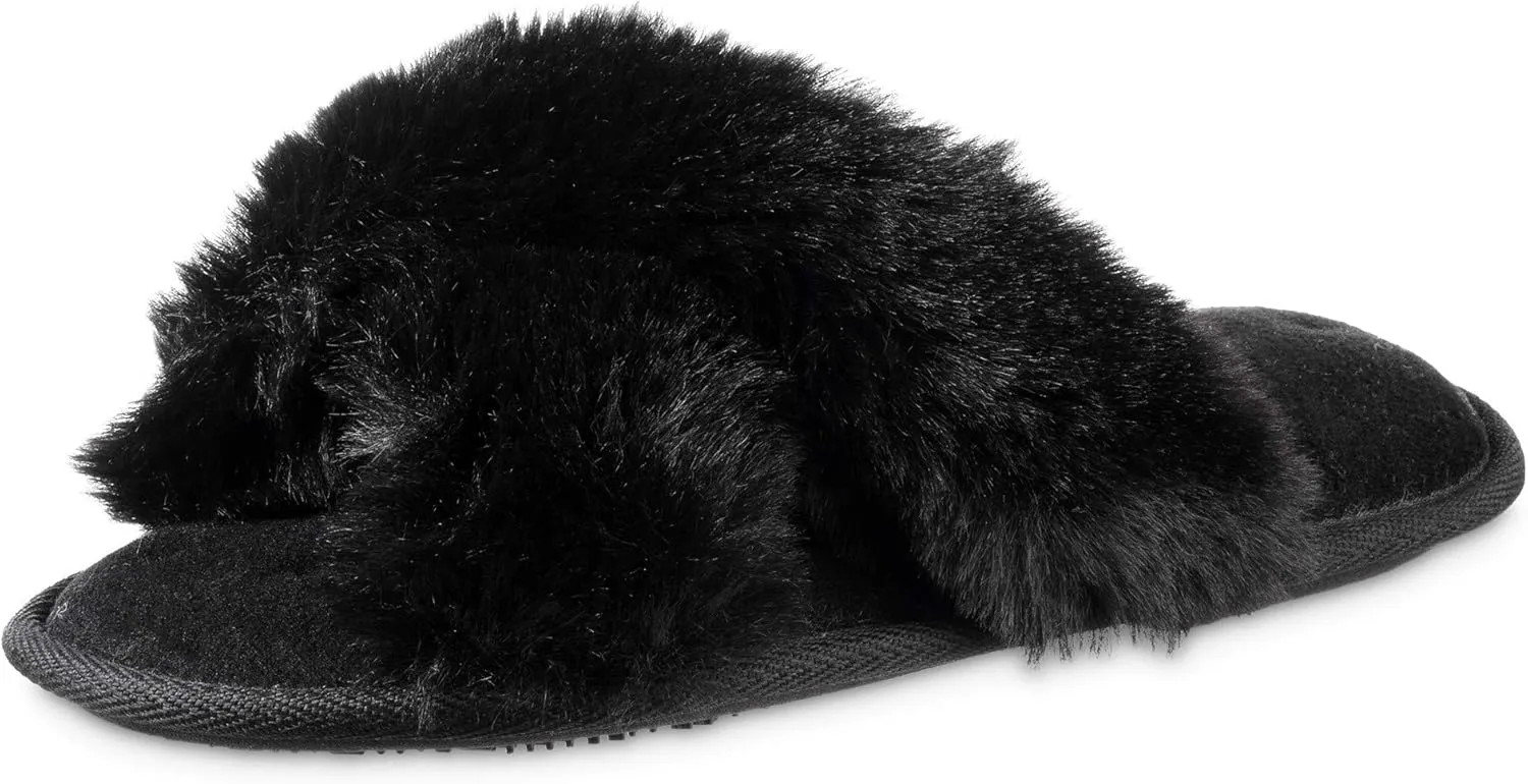 isotoner Women's Fuzzy Slipper, Cozy Open Toe Flip-Flop with a Furry Cross Band and Plush Fluffy Terry Cushion
