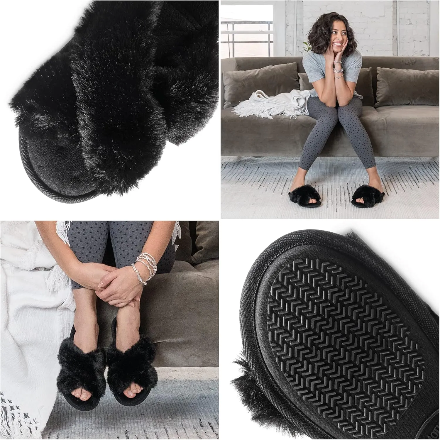 isotoner Women's Fuzzy Slipper, Cozy Open Toe Flip-Flop with a Furry Cross Band and Plush Fluffy Terry Cushion