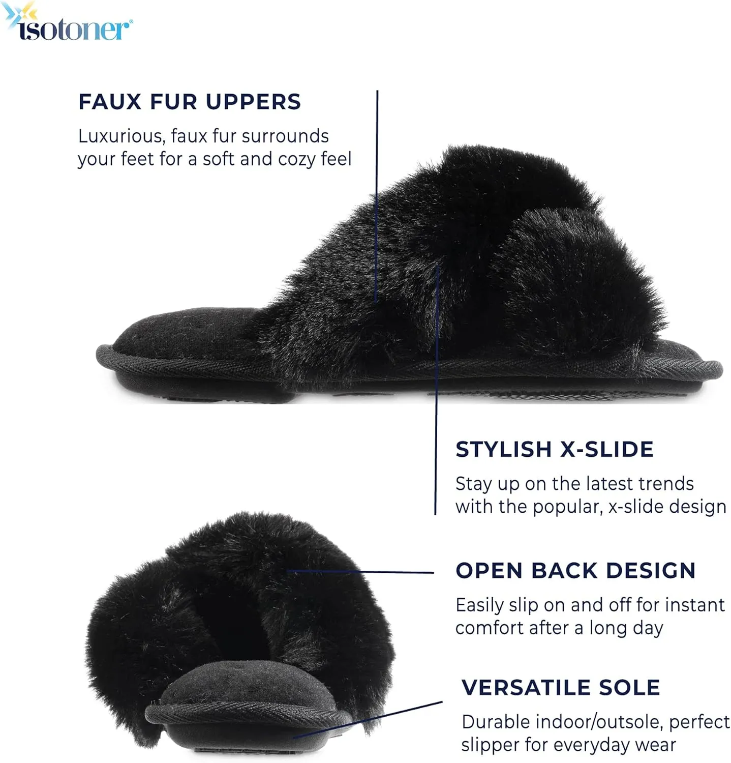 isotoner Women's Fuzzy Slipper, Cozy Open Toe Flip-Flop with a Furry Cross Band and Plush Fluffy Terry Cushion