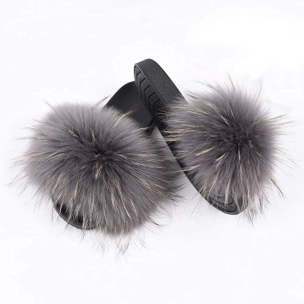 Jancoco Max Womens Fur Sliders Slippers Raccoon Fur Furry Slides Fashion Flat Soft Open Toe Fluffy Sandals
