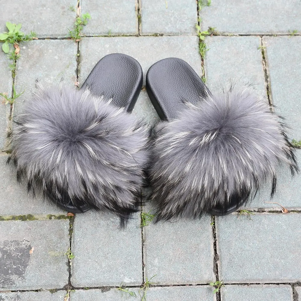 Jancoco Max Womens Fur Sliders Slippers Raccoon Fur Furry Slides Fashion Flat Soft Open Toe Fluffy Sandals