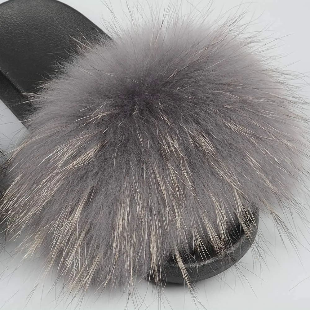 Jancoco Max Womens Fur Sliders Slippers Raccoon Fur Furry Slides Fashion Flat Soft Open Toe Fluffy Sandals