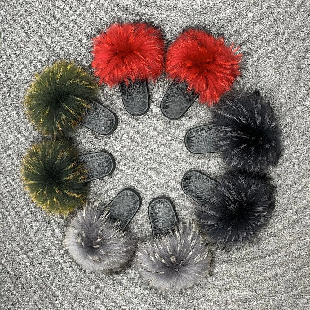 Jancoco Max Womens Fur Sliders Slippers Raccoon Fur Furry Slides Fashion Flat Soft Open Toe Fluffy Sandals