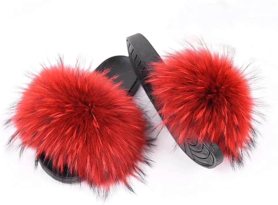 Jancoco Max Womens Fur Sliders Slippers Raccoon Fur Furry Slides Fashion Flat Soft Open Toe Fluffy Sandals