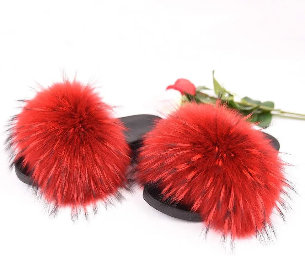 Jancoco Max Womens Fur Sliders Slippers Raccoon Fur Furry Slides Fashion Flat Soft Open Toe Fluffy Sandals