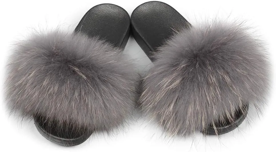 Jancoco Max Womens Fur Sliders Slippers Raccoon Fur Furry Slides Fashion Flat Soft Open Toe Fluffy Sandals