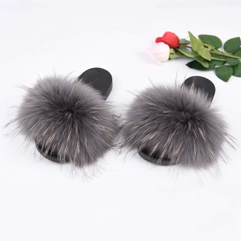 Jancoco Max Womens Fur Sliders Slippers Raccoon Fur Furry Slides Fashion Flat Soft Open Toe Fluffy Sandals