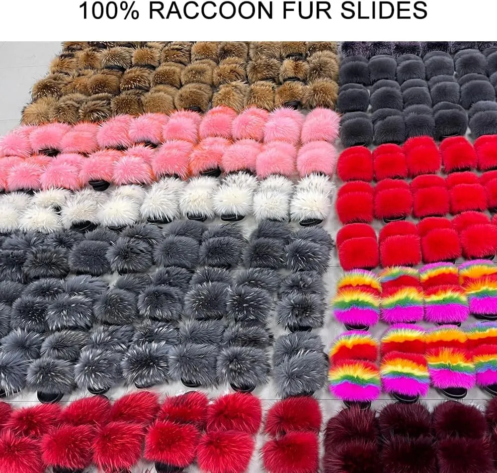 Jancoco Max Womens Fur Sliders Slippers Raccoon Fur Furry Slides Fashion Flat Soft Open Toe Fluffy Sandals