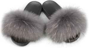 Jancoco Max Womens Fur Sliders Slippers Raccoon Fur Furry Slides Fashion Flat Soft Open Toe Fluffy Sandals