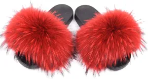 Jancoco Max Womens Fur Sliders Slippers Raccoon Fur Furry Slides Fashion Flat Soft Open Toe Fluffy Sandals