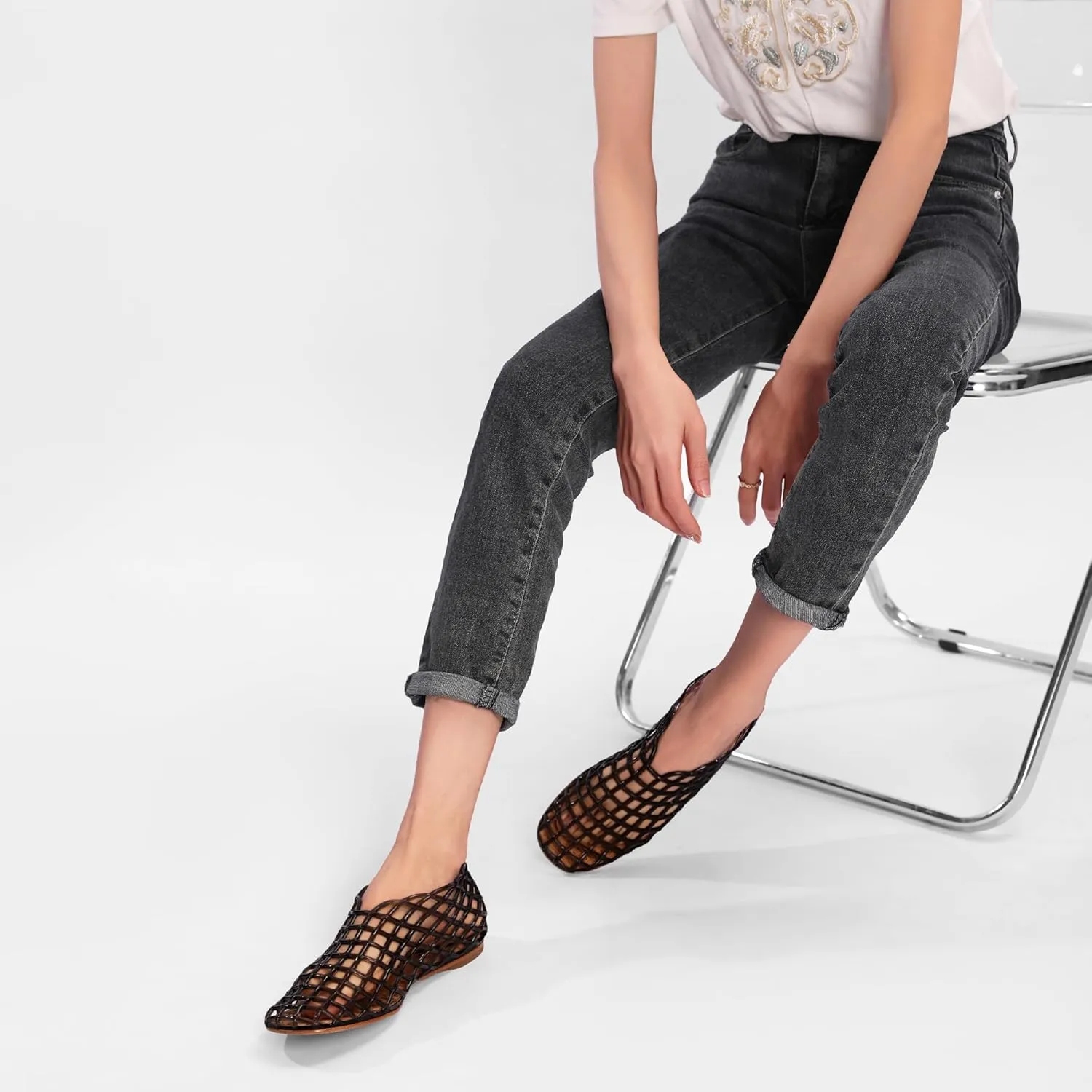 Jelly Mesh Ballet Flats - Comfortable Clear Jelly Shoes, Adult Women's Closed Toe Flats Sandals