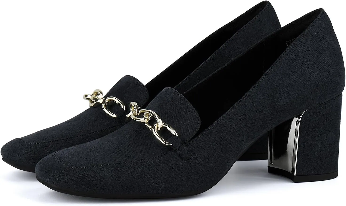JENN ARDOR Women's Heeled Loafers - Block Heels, Closed Toe, Slip On, 2.5 Inch Mid Heel, Dress & Casual Shoes with Chain