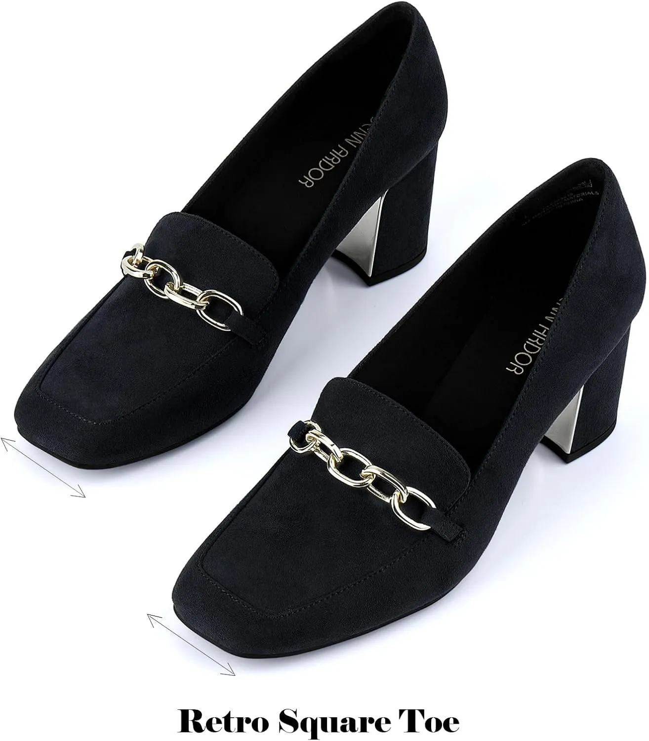 JENN ARDOR Women's Heeled Loafers - Block Heels, Closed Toe, Slip On, 2.5 Inch Mid Heel, Dress & Casual Shoes with Chain